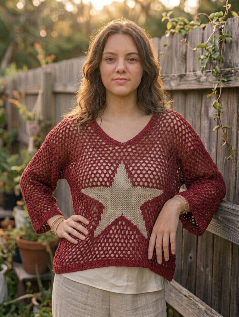Made in Italy Boho Open Knit Star Sweater Crochet Pullover Loose Fit
